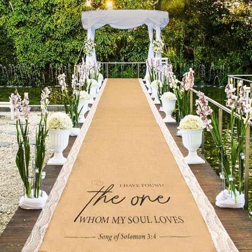 Tondiamo 40 Inch x 30 ft Burlap Wedding Aisle Runner with Lace