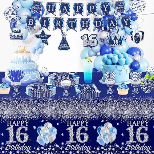16th Birthday Tablecloth Set 3pcs Silver Blue