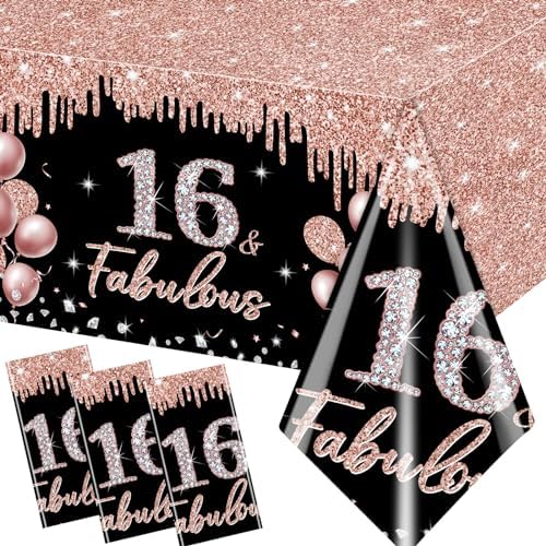 16th Birthday Decorations Rose Gold Black Glitter Tablecloths Set 3Pcs