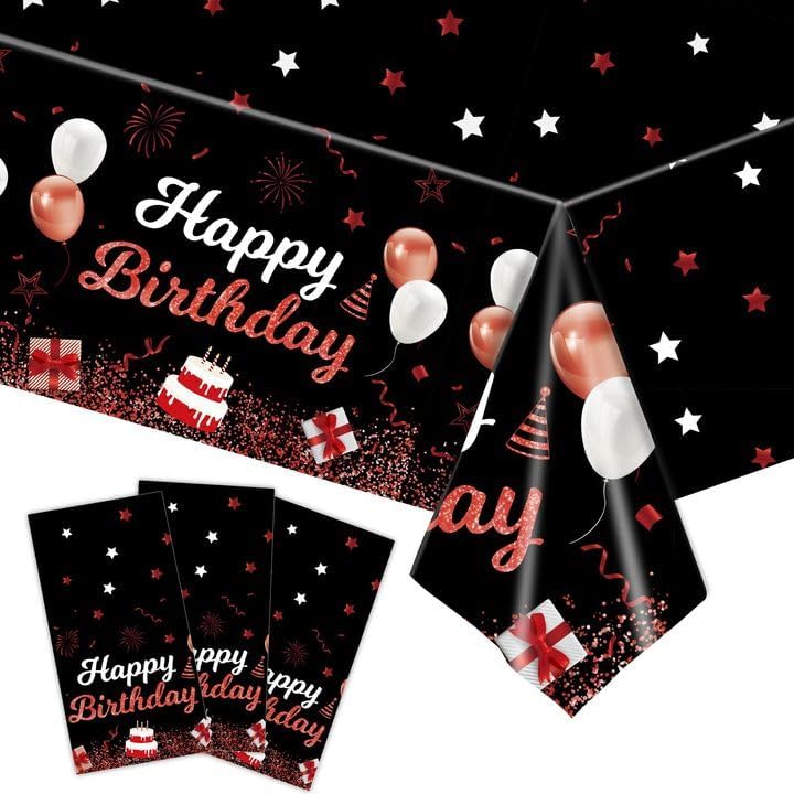 Happy Birthday Tablecloths 3Pcs Red Black Plastic Waterproof