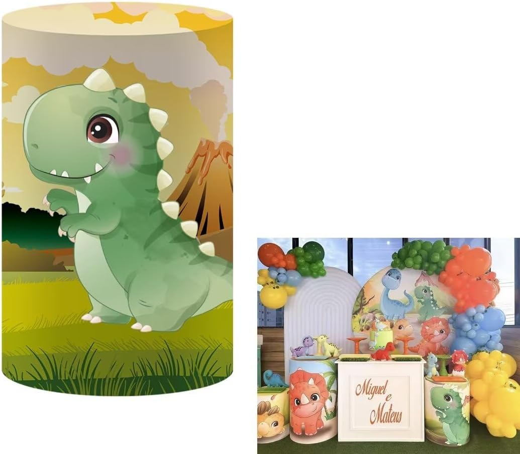 KONPON Green Cartoon Dinosaur Cylinder Table Cover for Kids Parties