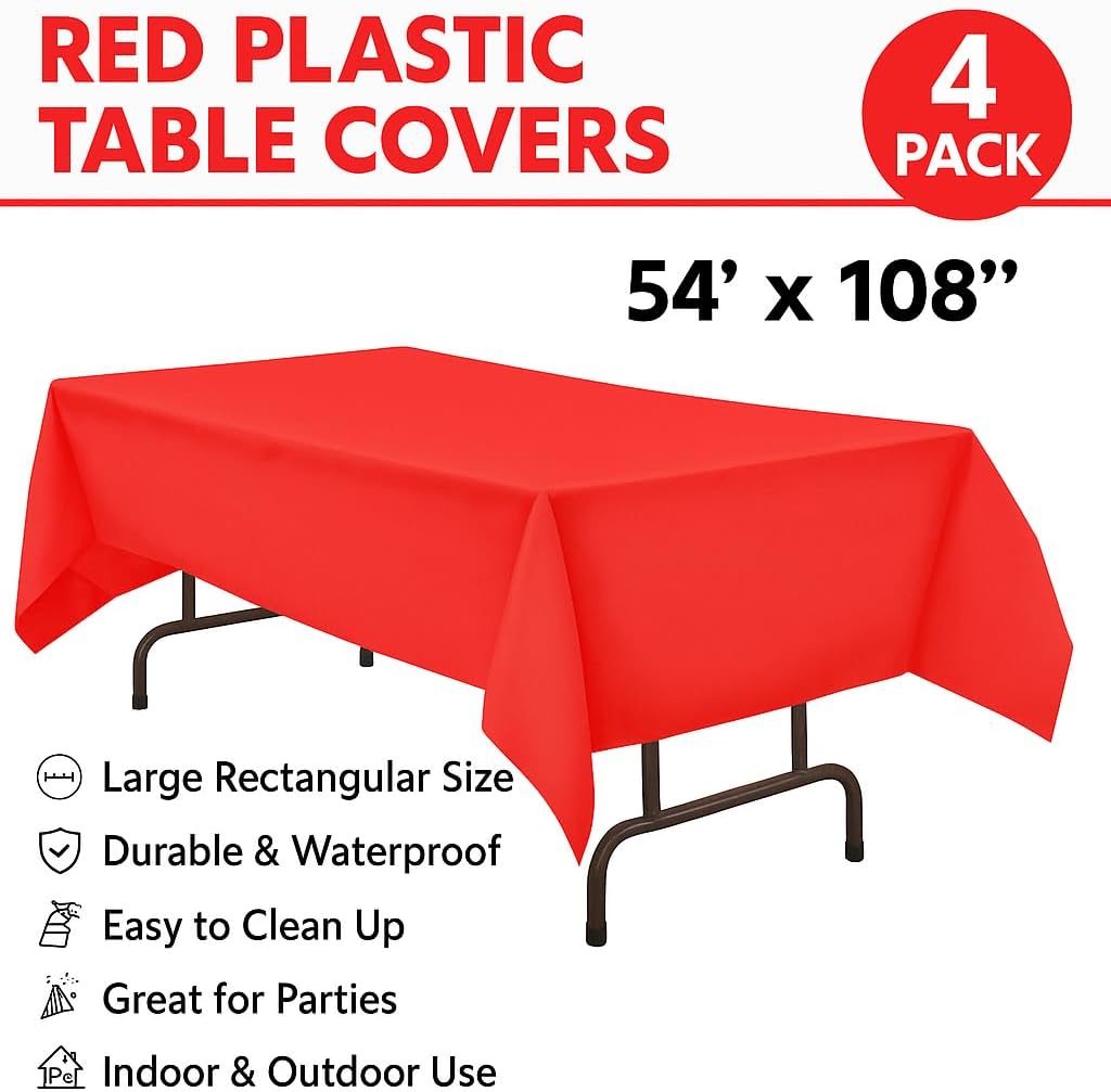 Oojami Disposable Plastic Table Covers 4 Pack 54x108 Red