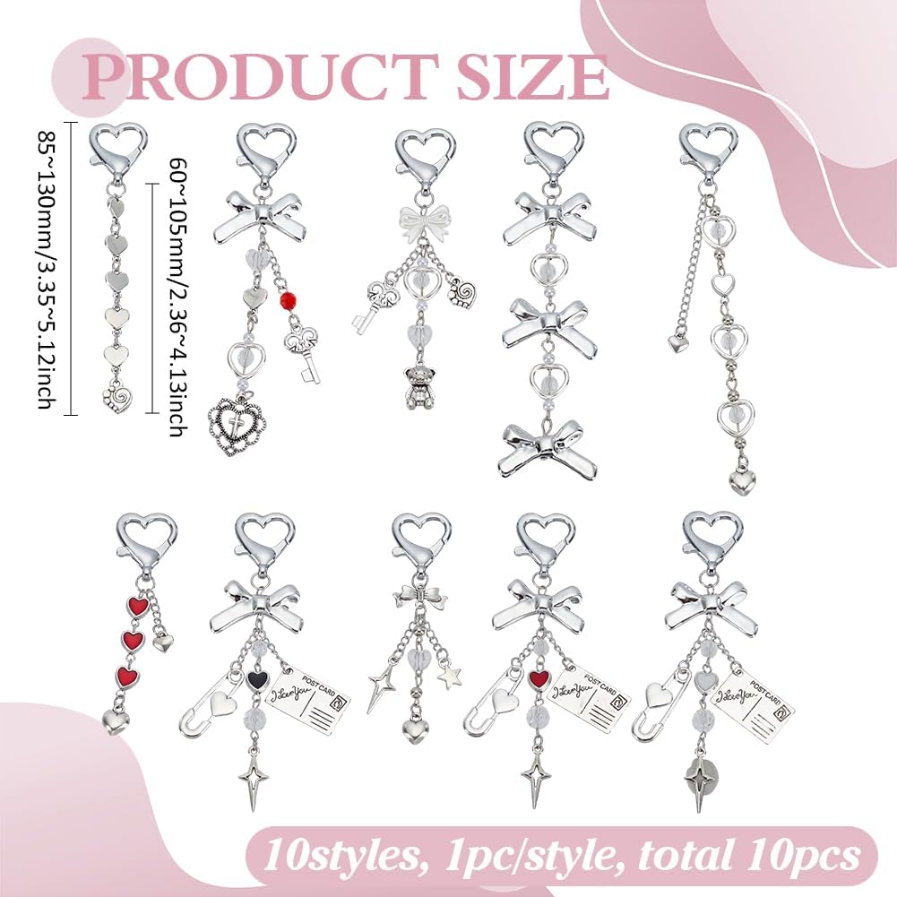 PH PandaHall 10pcs Heart Keychains with Bow Charms