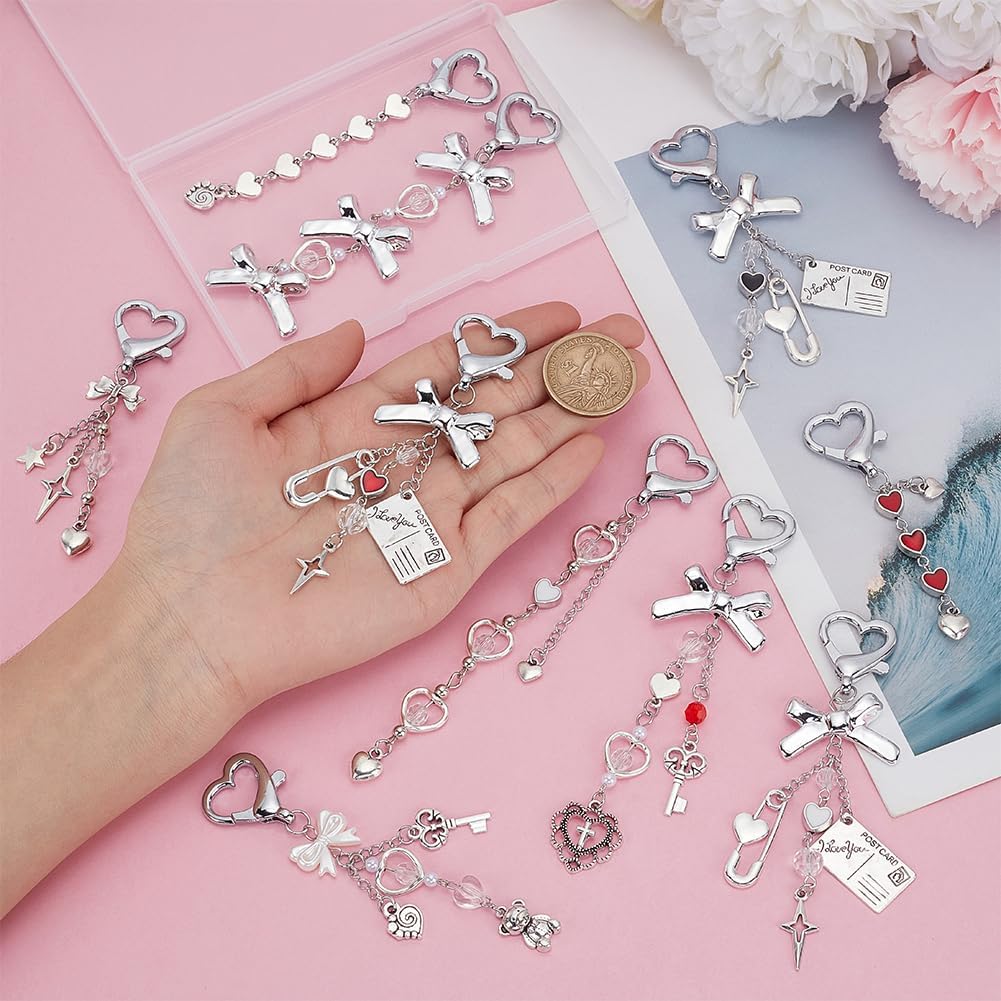PH PandaHall 10pcs Heart Keychains with Bow Charms