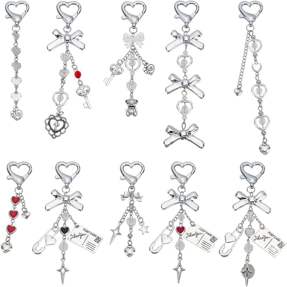 PH PandaHall 10pcs Heart Keychains with Bow Charms