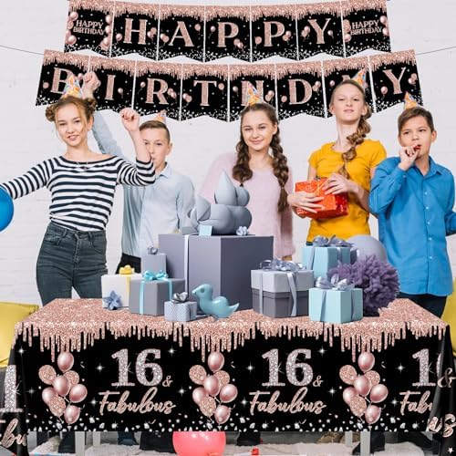 16th Birthday Decorations Rose Gold Black Glitter Tablecloths Set 3Pcs