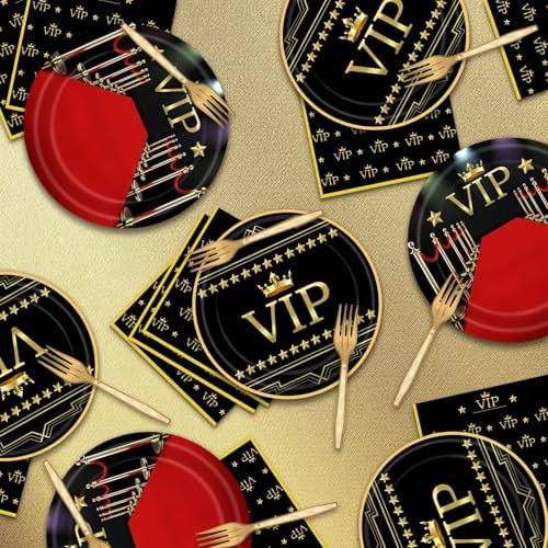 96Pcs VIP Party Supplies Red Carpet Plates Napkins and Forks Set