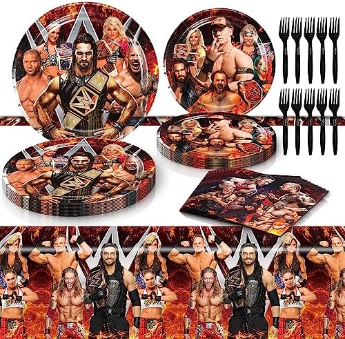 Wrestling Themed Party Tableware Set with Tablecloth Plates Forks and Napkins