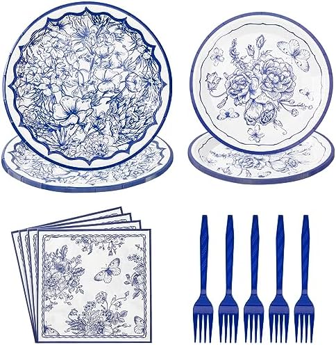 Grencian 96Pcs Blue White Floral Party Tableware Set
