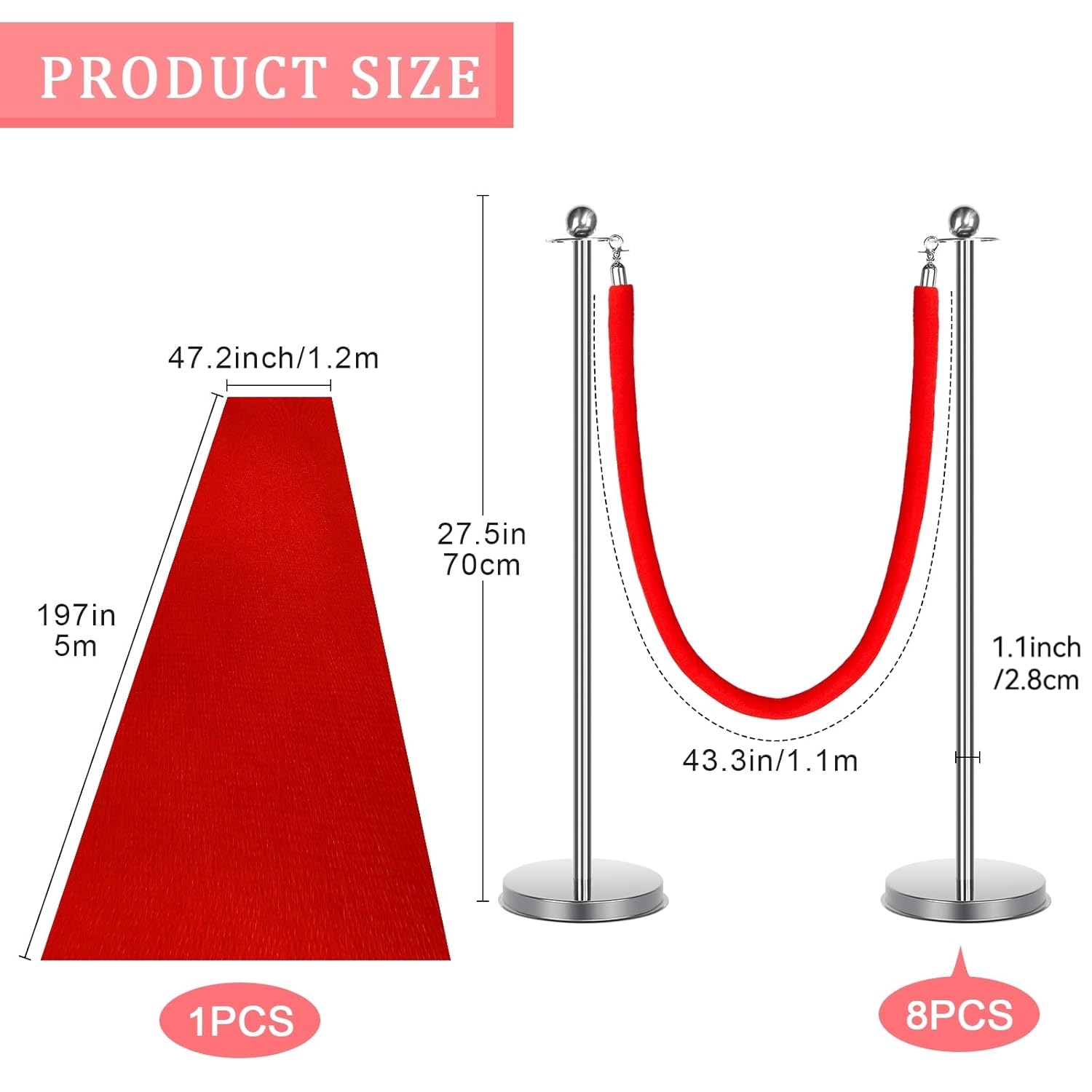 8 Piece Red Carpet Decor with Poles and Velvet Ropes