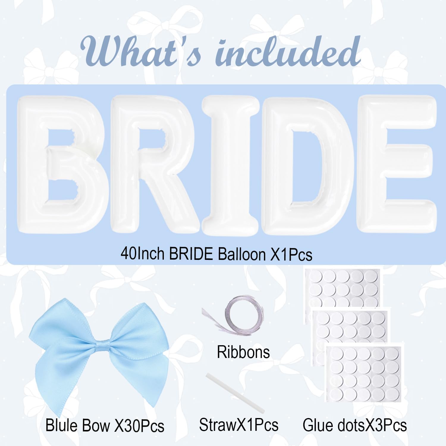 BRIDE Letter Balloons Blue Bows Set 40 Inch