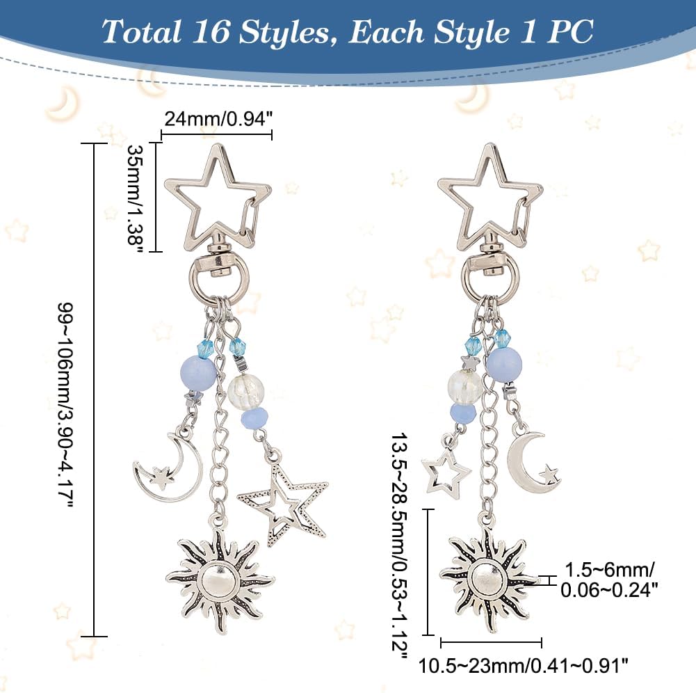 PH PandaHall 16pcs Sun Star Moon Keychain Set