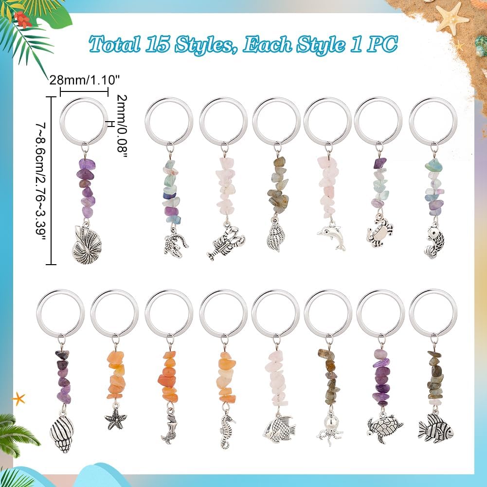 PH PandaHall 15pcs Gemstone Keychain Set