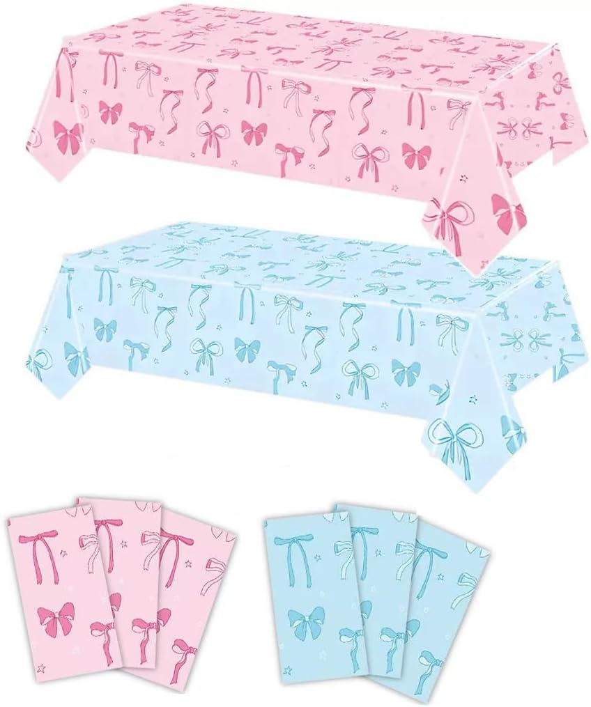 6 Packs Gender Reveal Tablecloths - 3 Pink 3 Blue Bowknot Design