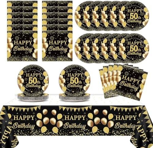 50th Birthday Party Supplies Black Gold Set