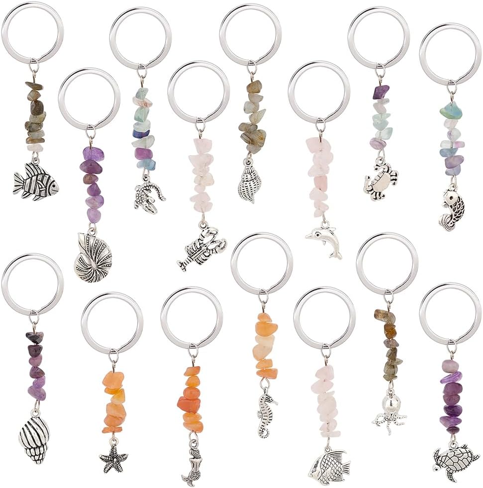 PH PandaHall 15pcs Gemstone Keychain Set