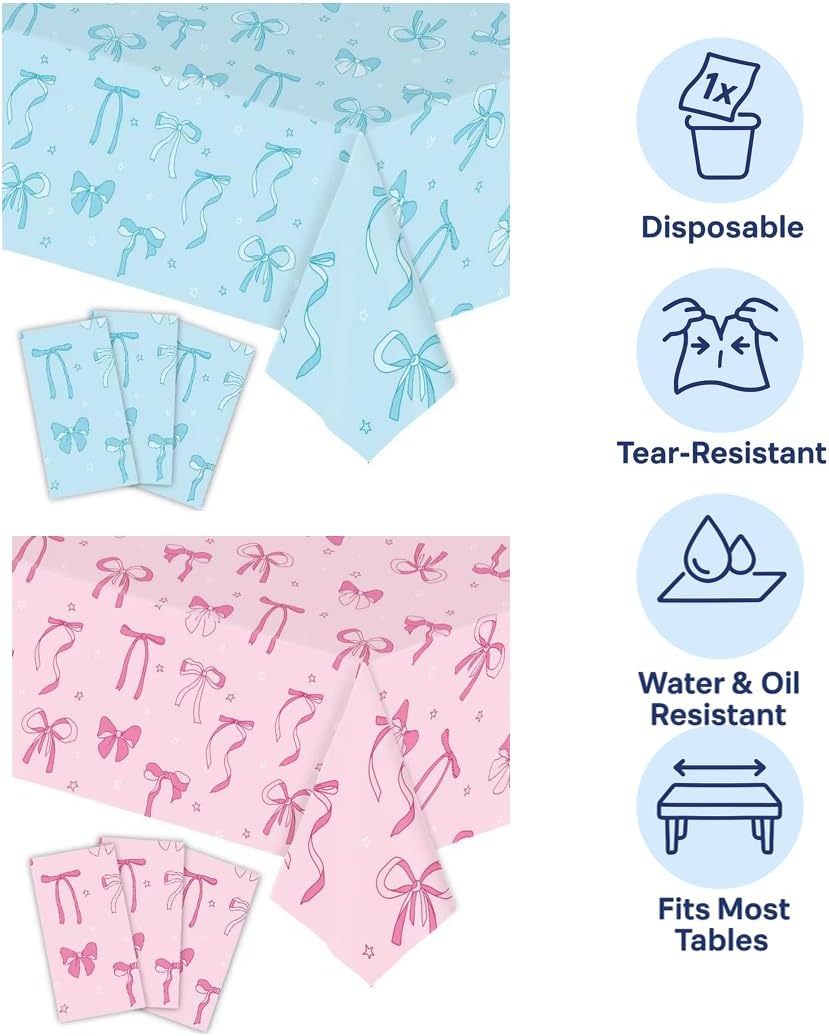 6 Packs Gender Reveal Tablecloths - 3 Pink 3 Blue Bowknot Design