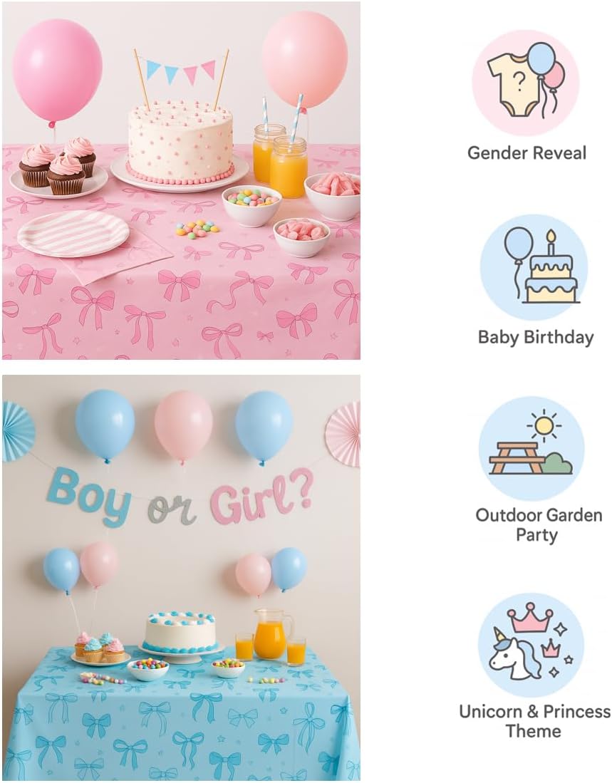 6 Packs Gender Reveal Tablecloths - 3 Pink 3 Blue Bowknot Design