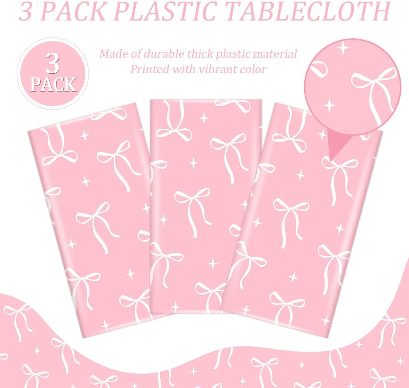 3Pcs Pink Bow Tablecloth for Birthday Party Supplies 108x54in
