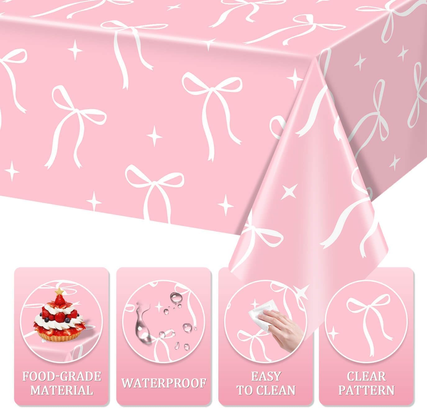 3Pcs Pink Bow Tablecloth for Birthday Party Supplies 108x54in
