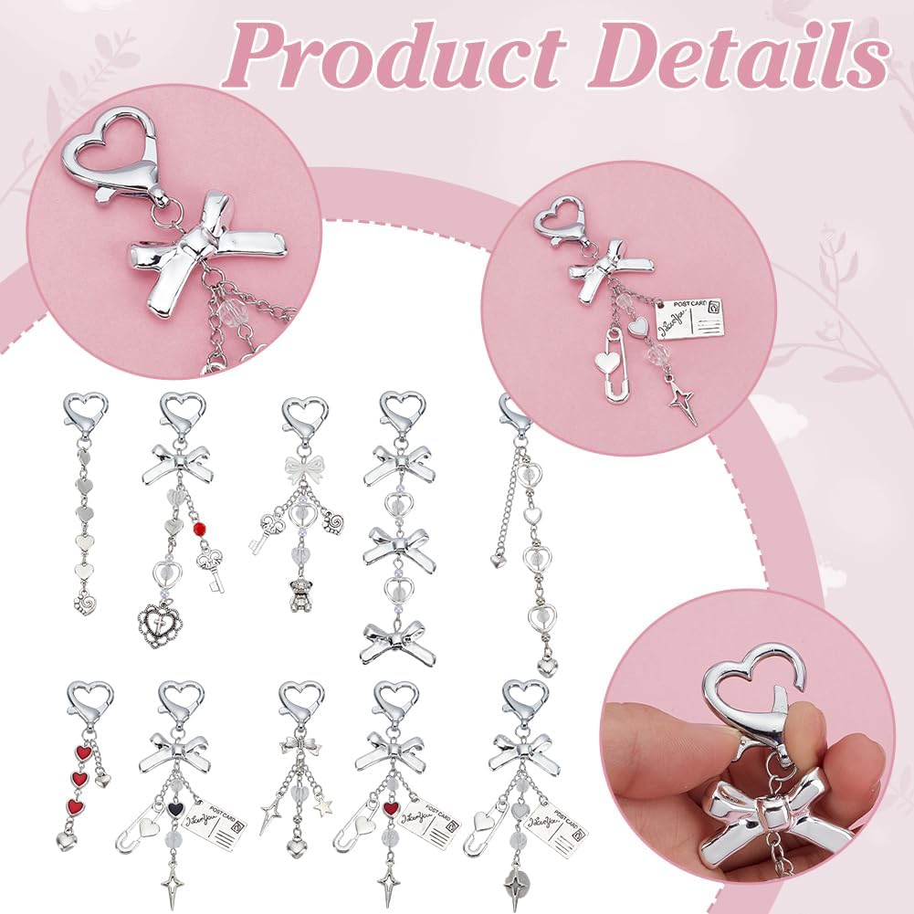 PH PandaHall 10pcs Heart Keychains with Bow Charms