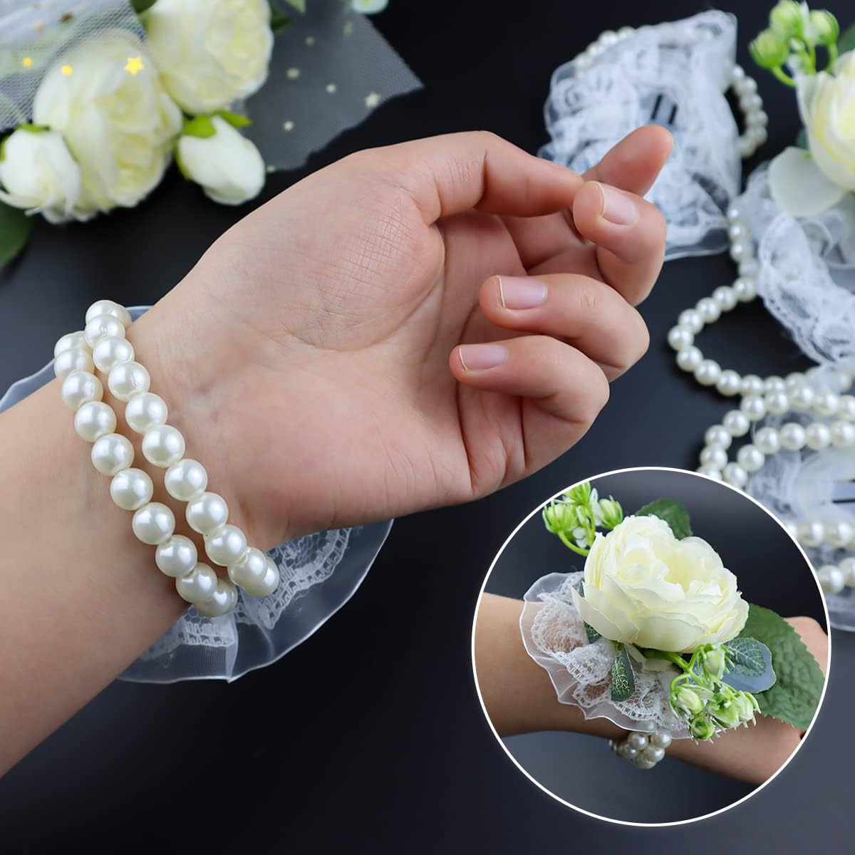 LEEFONE 10 Piece Elastic Pearl Wrist Corsage Bands