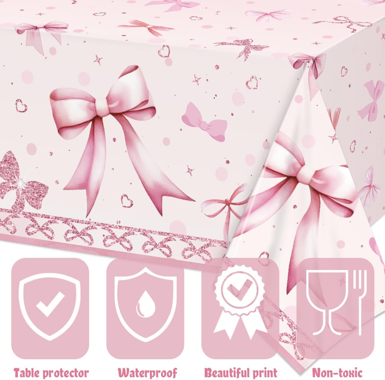 PATIAI Pink Bow Birthday Tablecloths 3Pcs Disposable Plastic Rectangular 54x108 Inches