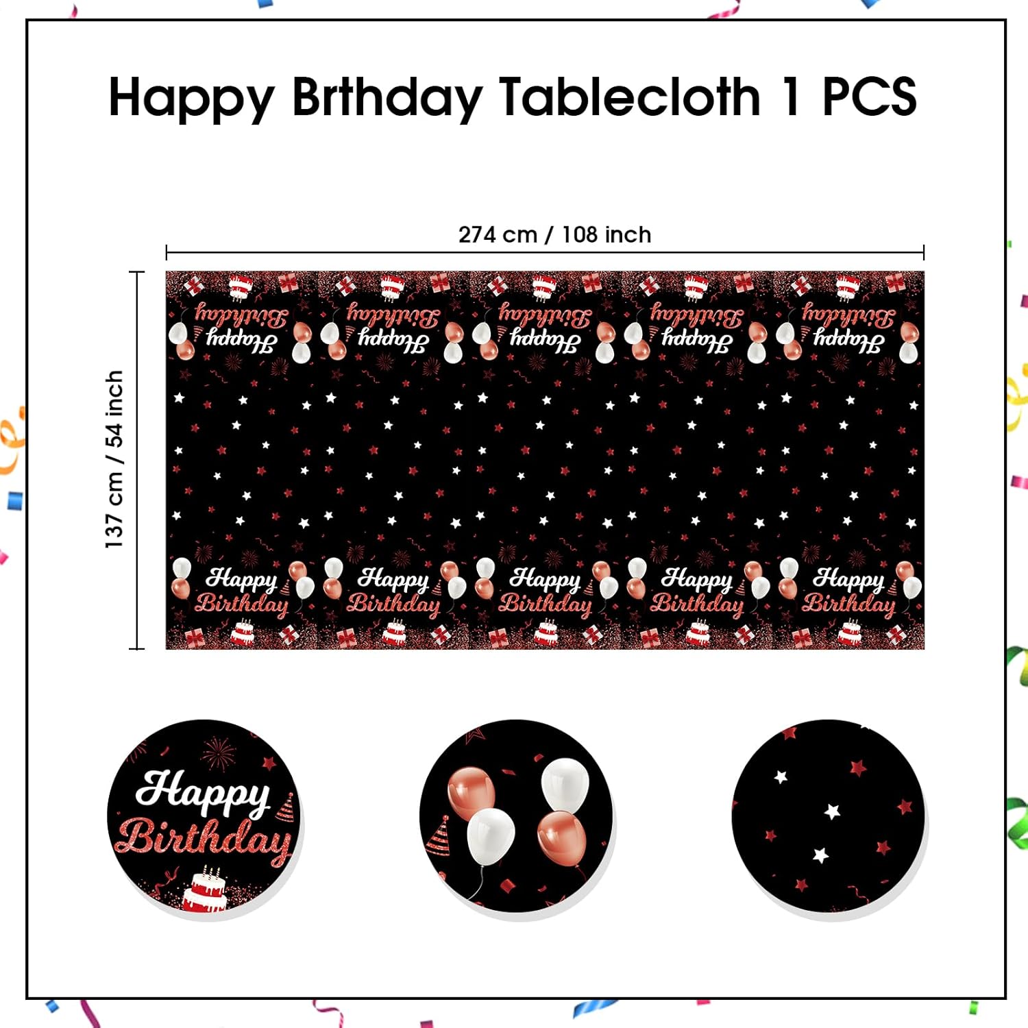 Happy Birthday Tablecloths 3Pcs Red Black Plastic Waterproof