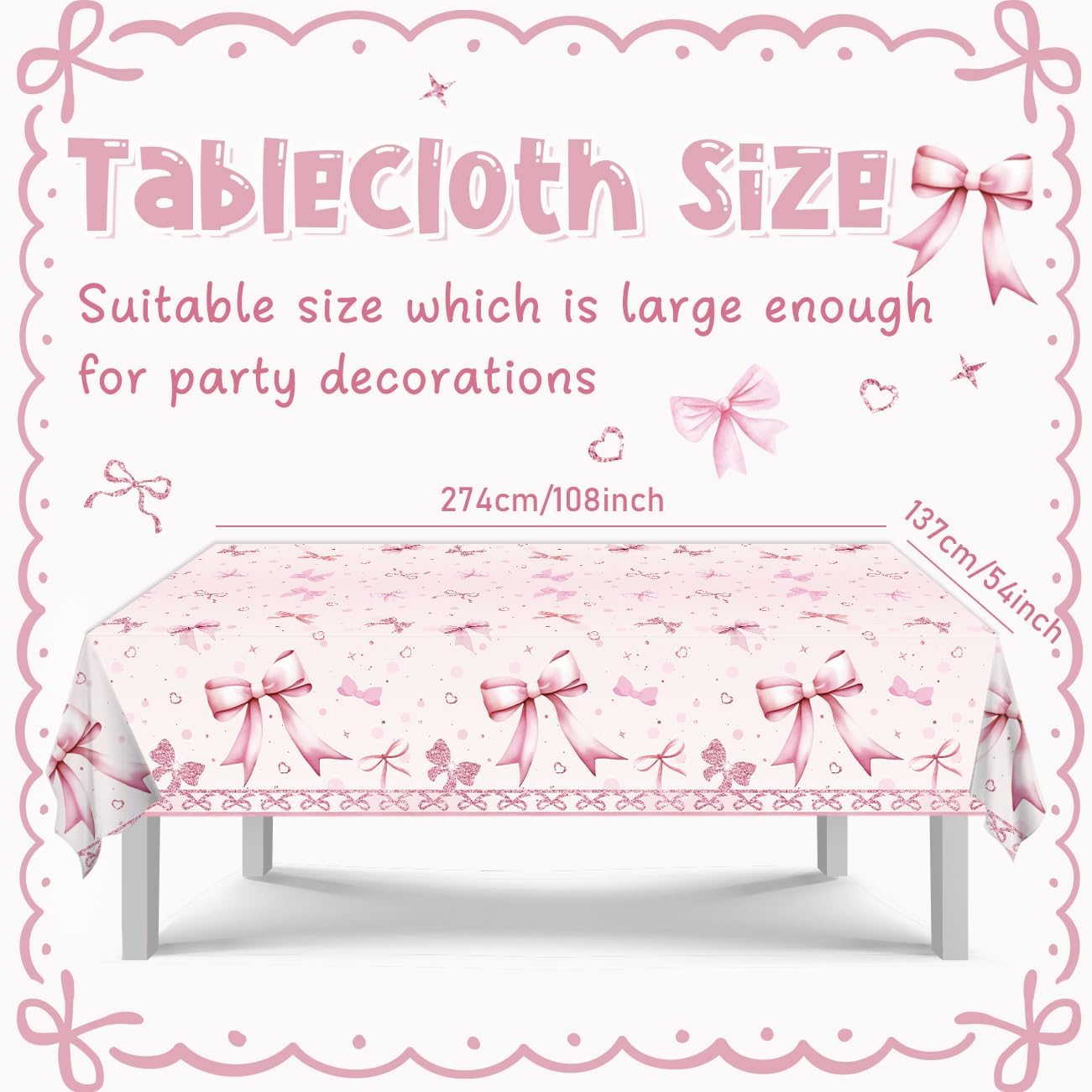 PATIAI Pink Bow Birthday Tablecloths 3Pcs Disposable Plastic Rectangular 54x108 Inches