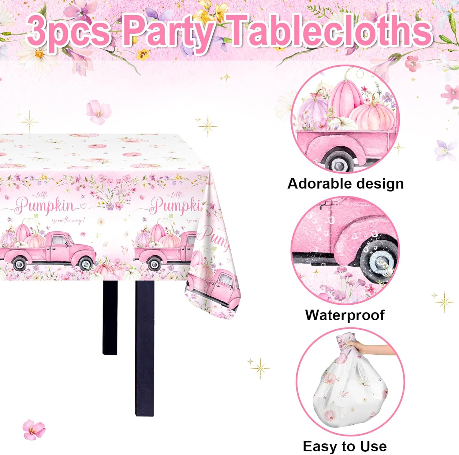 Avezano 3 Pcs Pink Pumpkin Tablecloths for Baby Shower