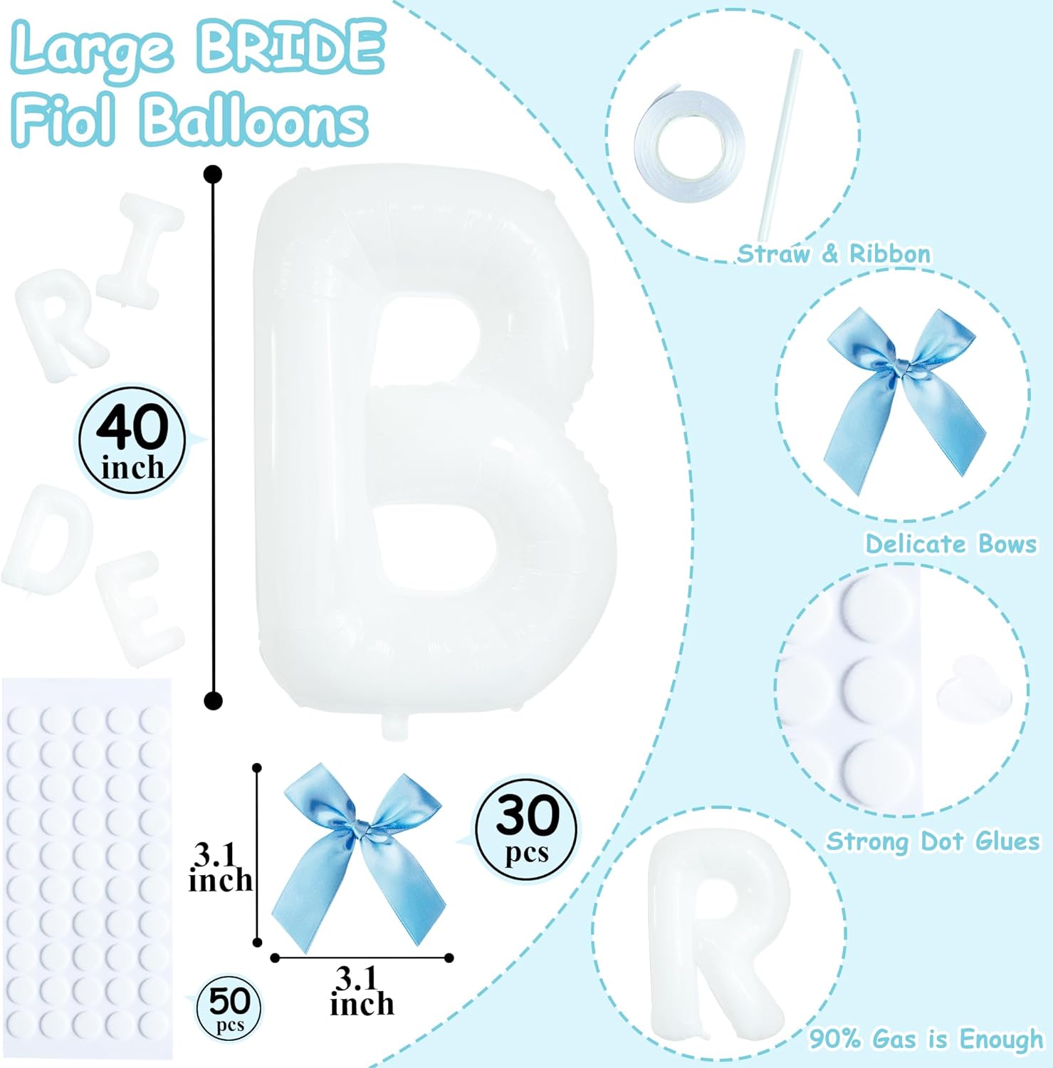 40 Inch White Bride Balloons with 30 Light Blue Bows