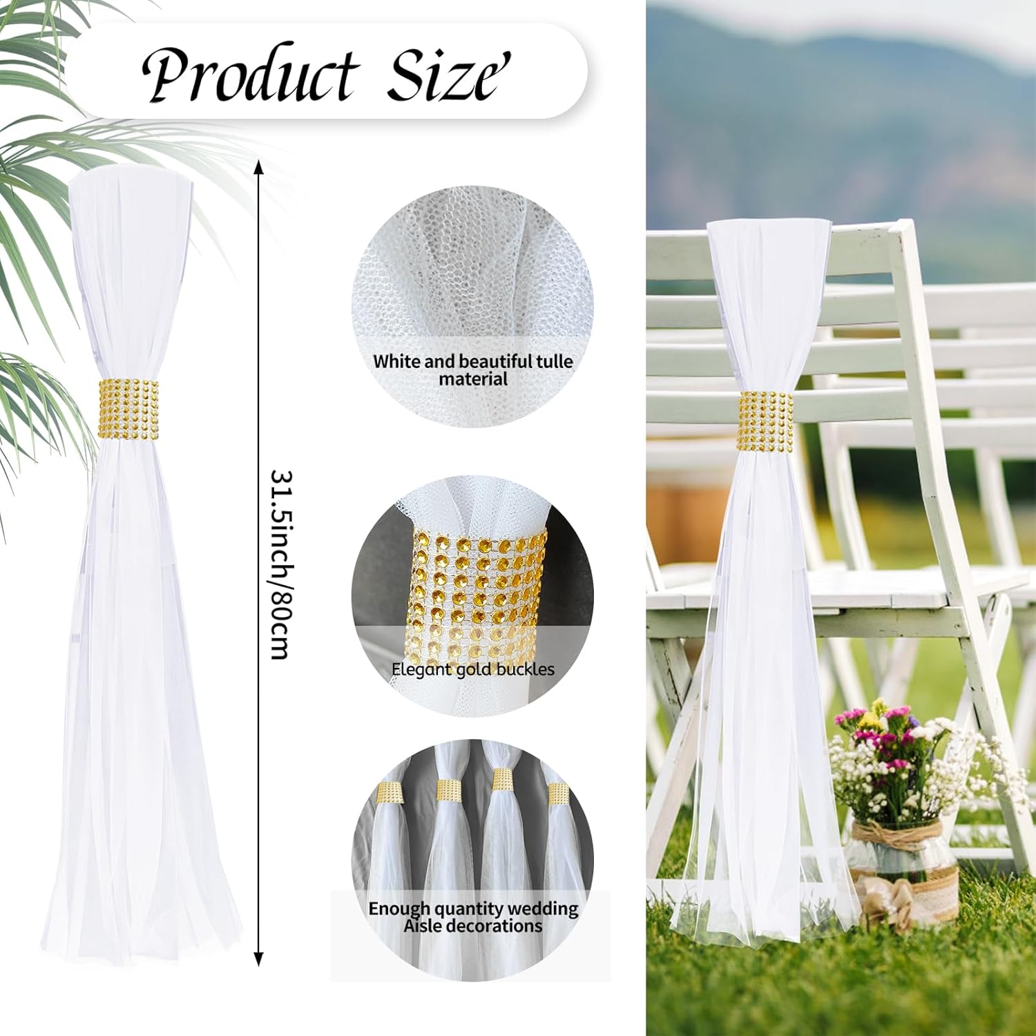 Large White Pew Bows Tulle Set with Gold Wrap