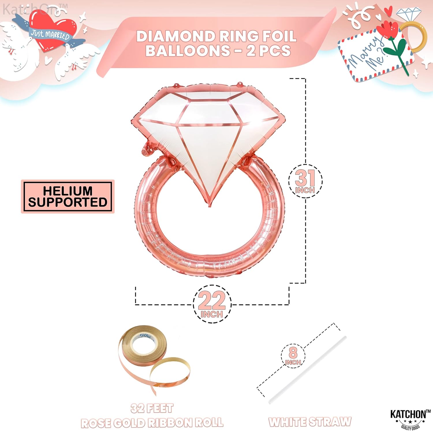 Rose Gold Diamond Ring Balloon - 31 Inch Pack of 2