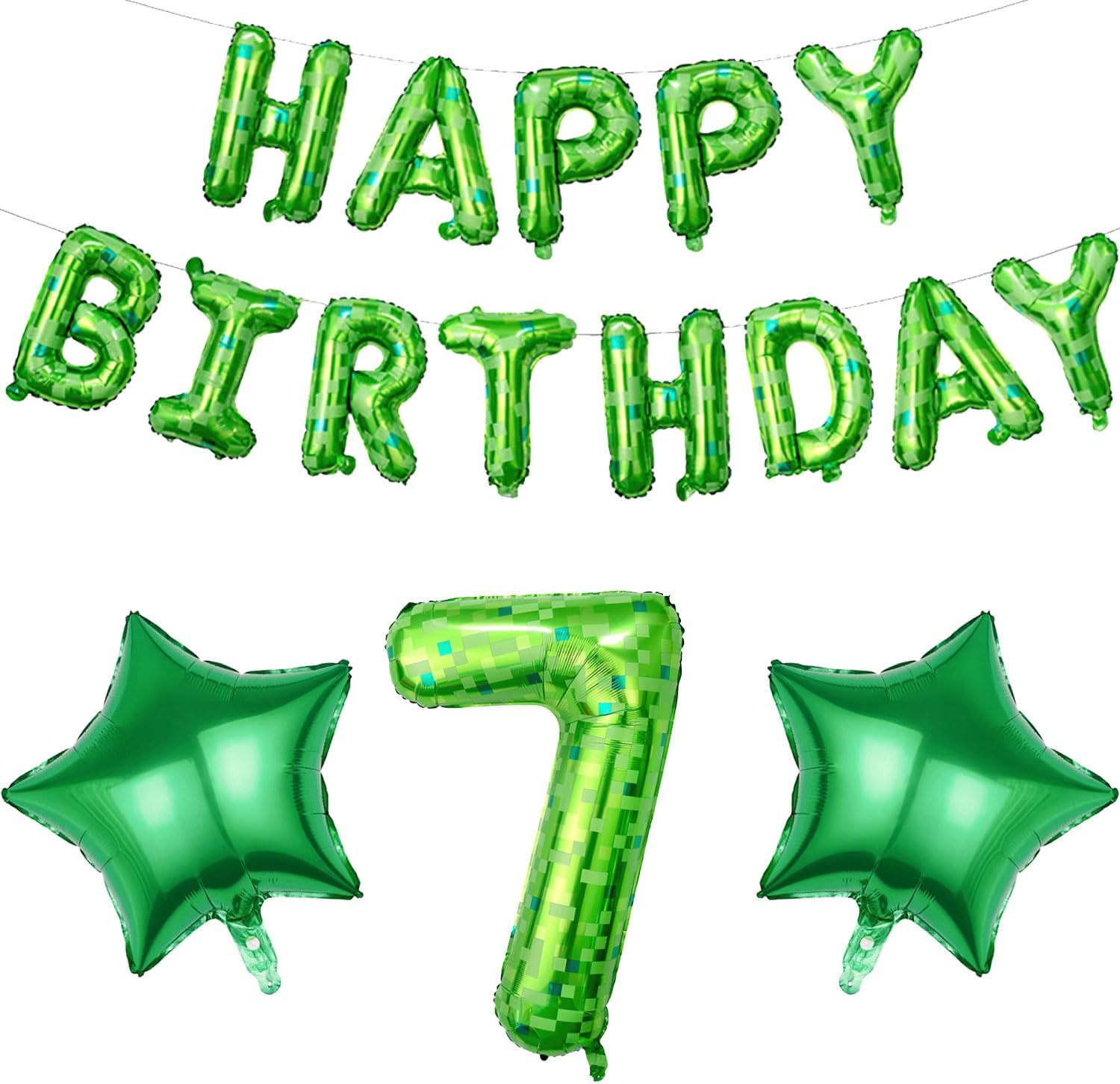 Green Pixel Birthday Decorations Set for 7th Birthday