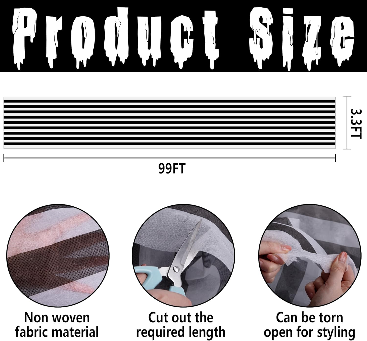 RunNico 99x33ft Black and White Striped Gossamer Roll
