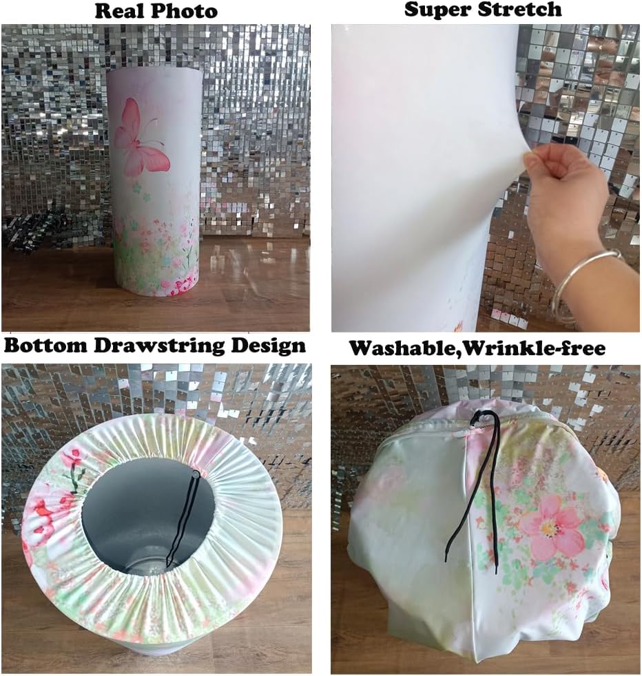 KONPON Butterfly Pink Floral Stretchy Cylinder Table Cover for Birthday Parties
