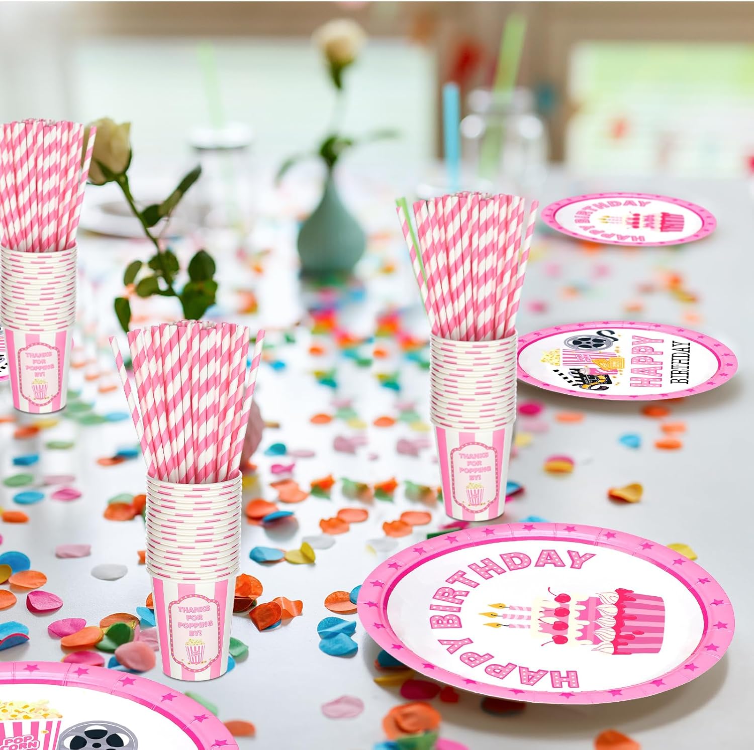 Yungyan 180 Pcs Pink Movie Theme Birthday Party Set