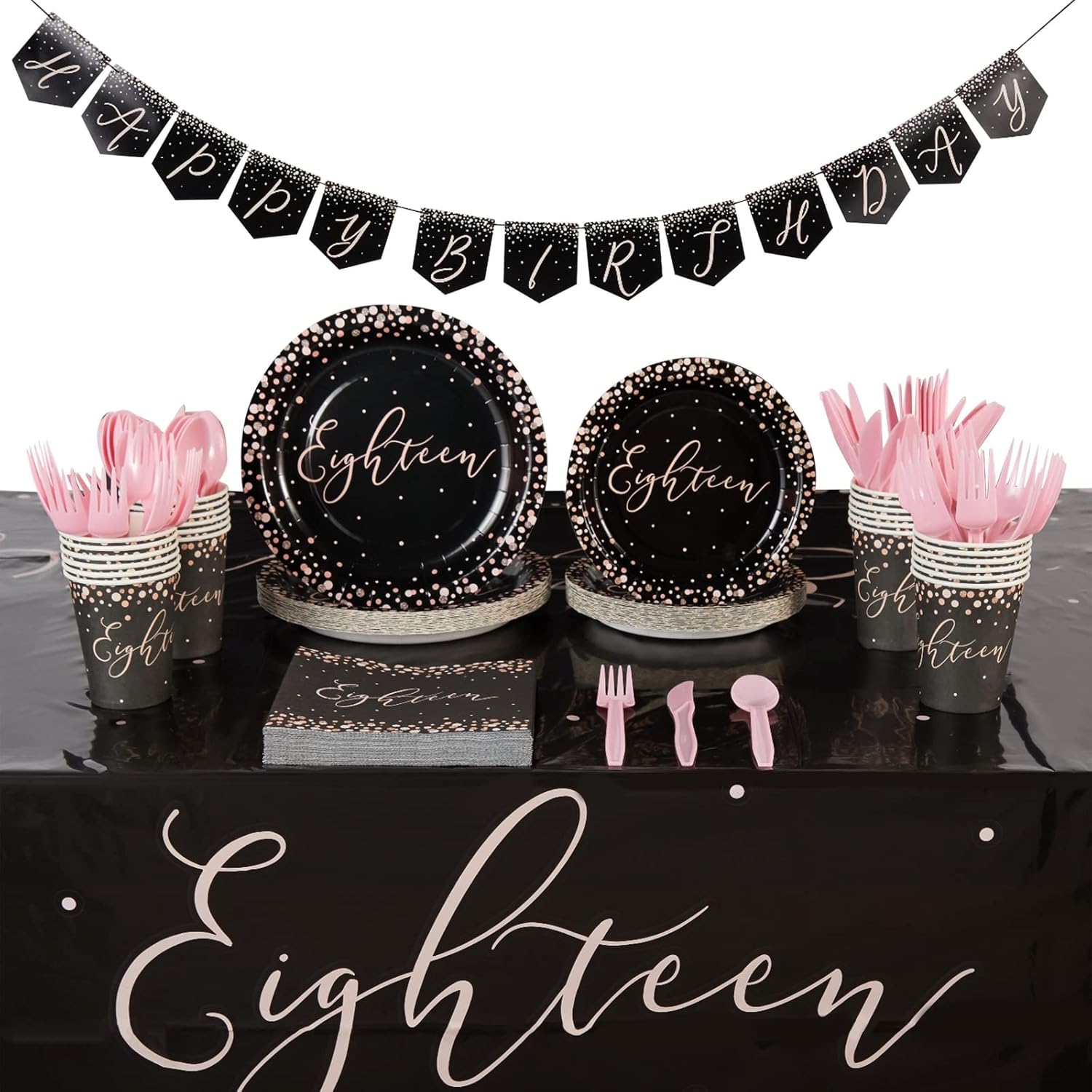 Sparkle and Bash 18th Birthday Party Set - 170 Piece Pink Black Polka Dot