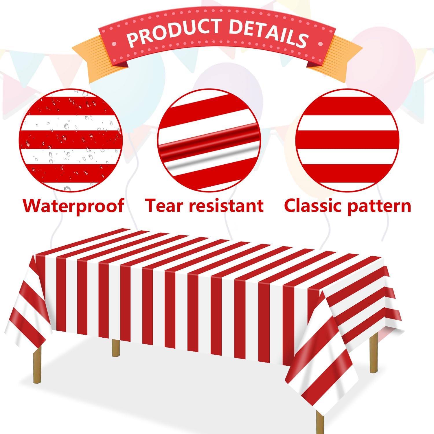2 Pcs Red and White Striped Tablecloths for Carnival Parties