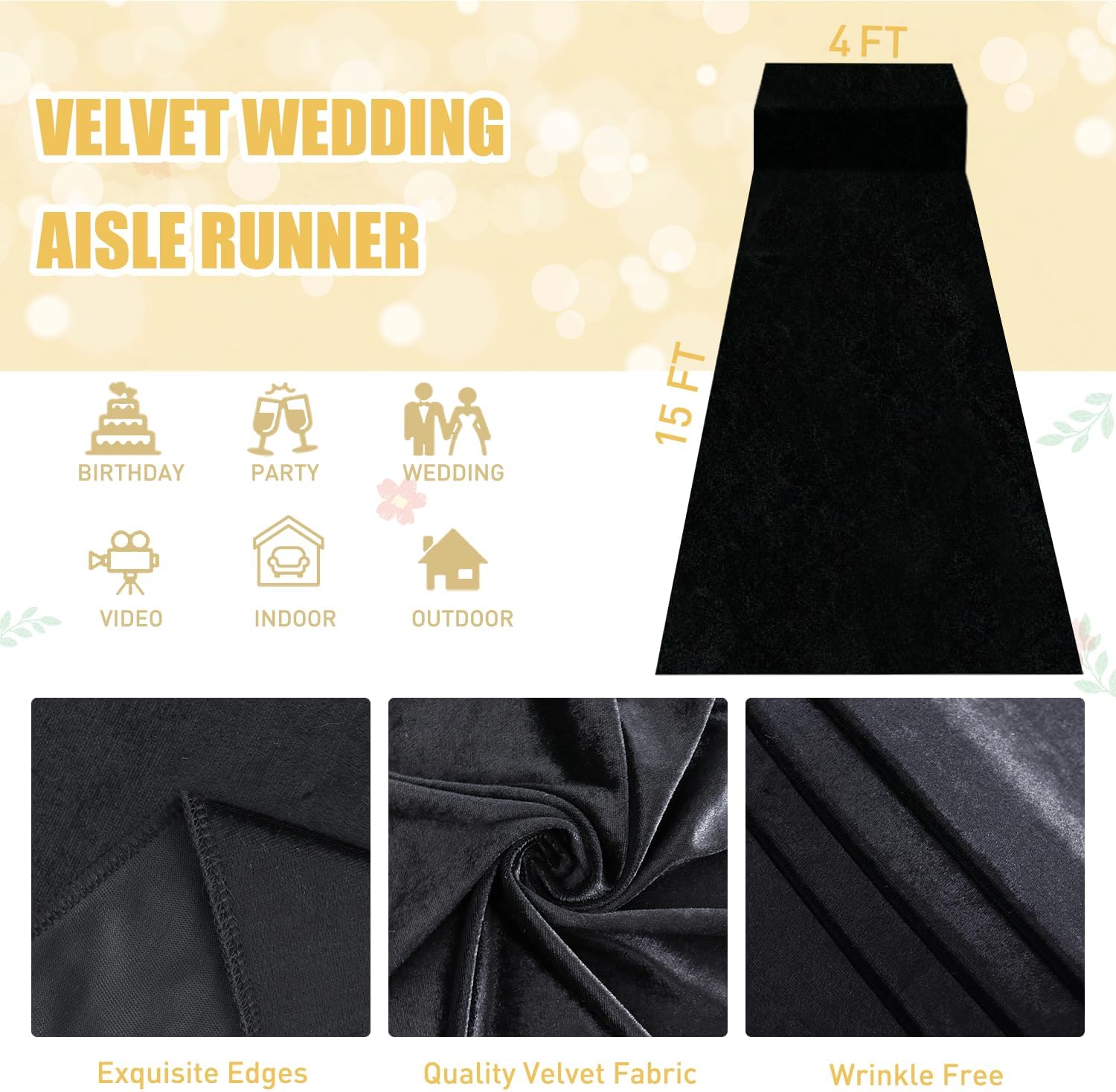 FUHSY Black Velvet Aisle Runner 4FTx15FT Wedding Carpet