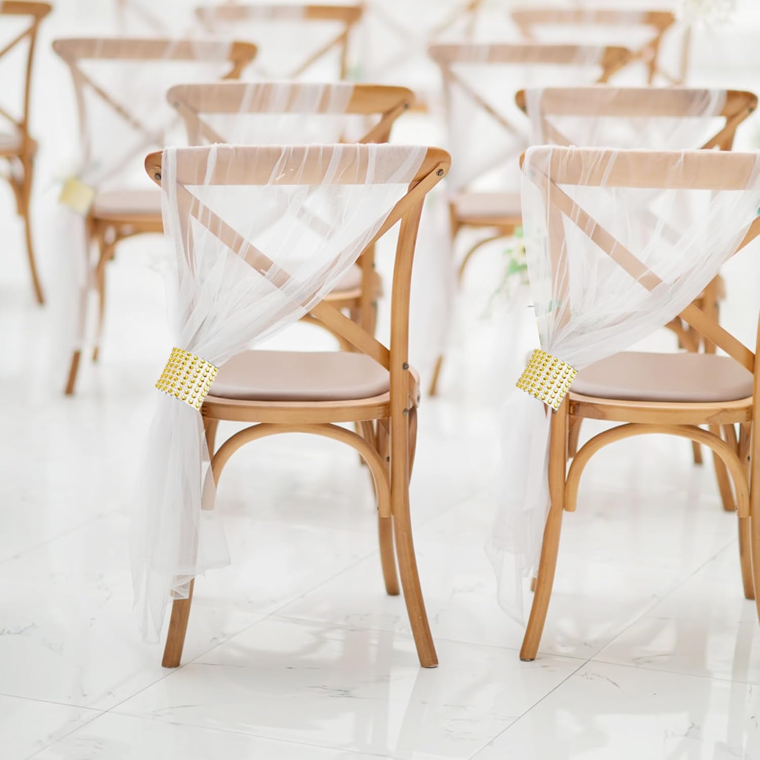 Large White Pew Bows Tulle Set with Gold Wrap