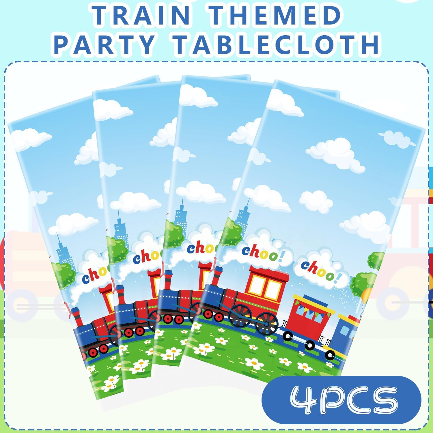 4 Pack Train Birthday Tablecloth Decorations for Boy Party