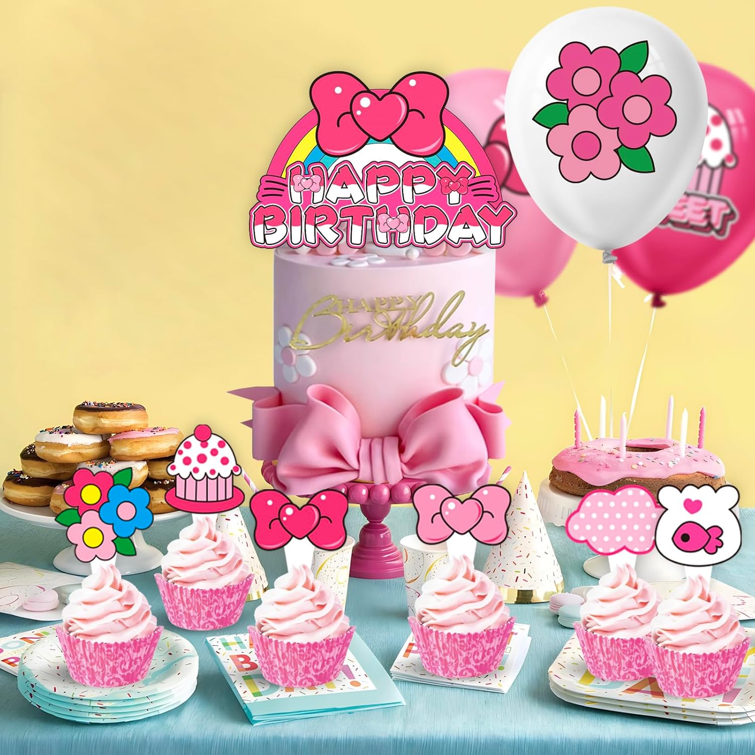 Pink Bow Cartoon Cat Birthday Party Decor Kit