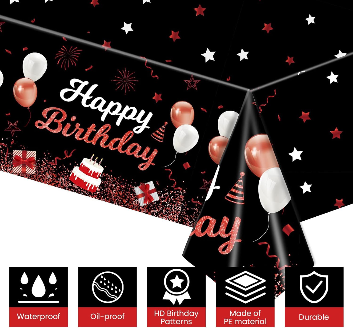 Happy Birthday Tablecloths 3Pcs Red Black Plastic Waterproof