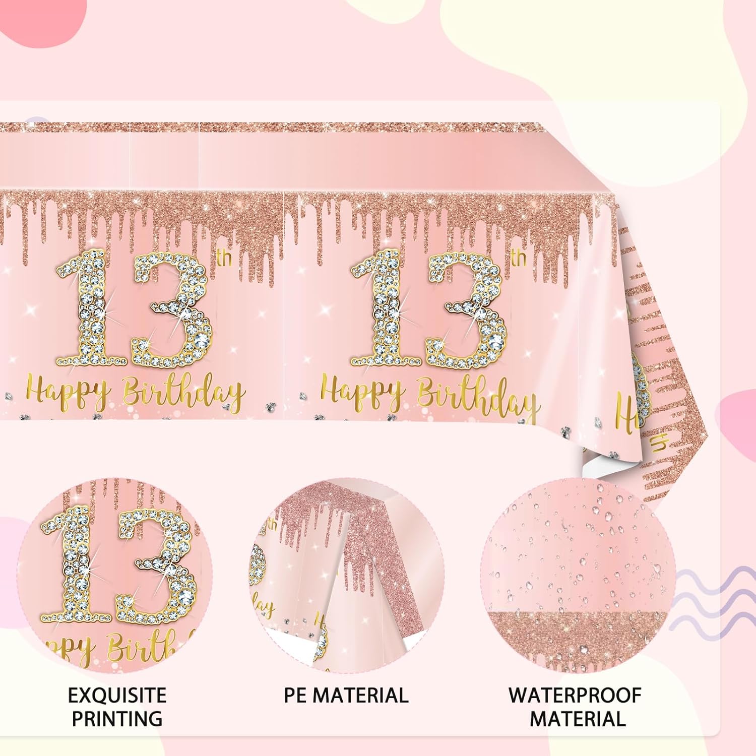 3PCS Rose Gold 13th Birthday Tablecloth Decorations