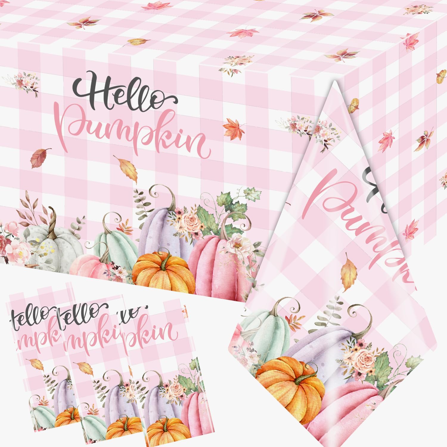 Lenyunge Fall Tablecloths 3pcs Pink White Checkered Plaid Tablecloth Rectangle