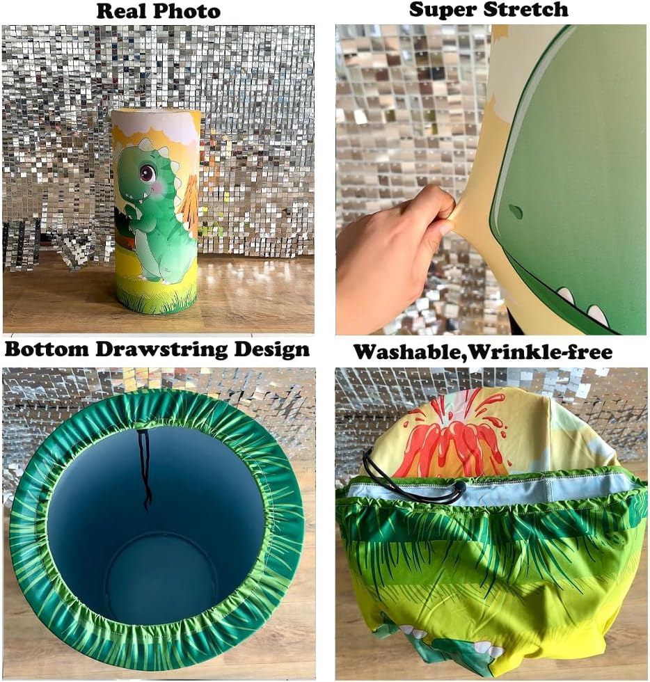 KONPON Green Cartoon Dinosaur Cylinder Table Cover for Kids Parties