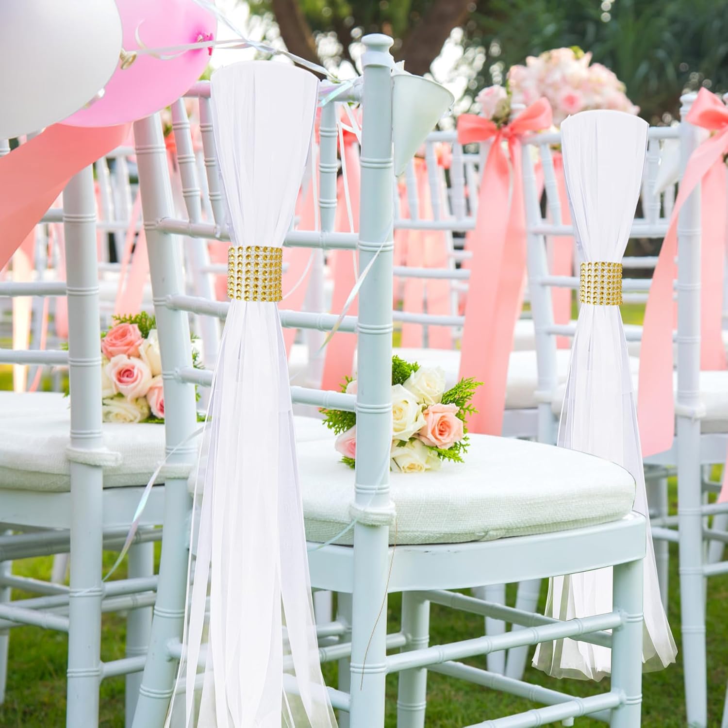 Large White Pew Bows Tulle Set with Gold Wrap