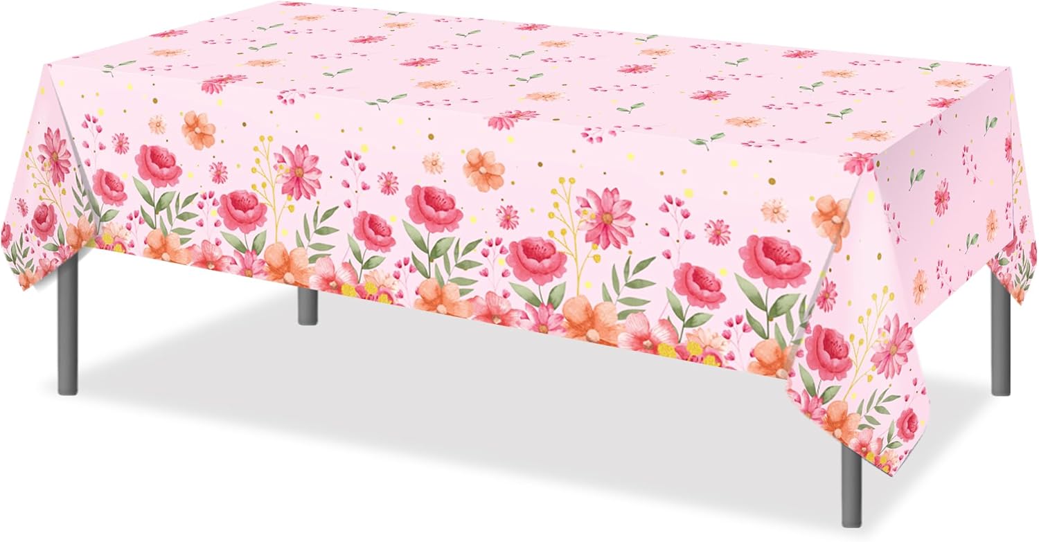 3 Pcs Watercolor Pink Flower Tablecloth 54x87In