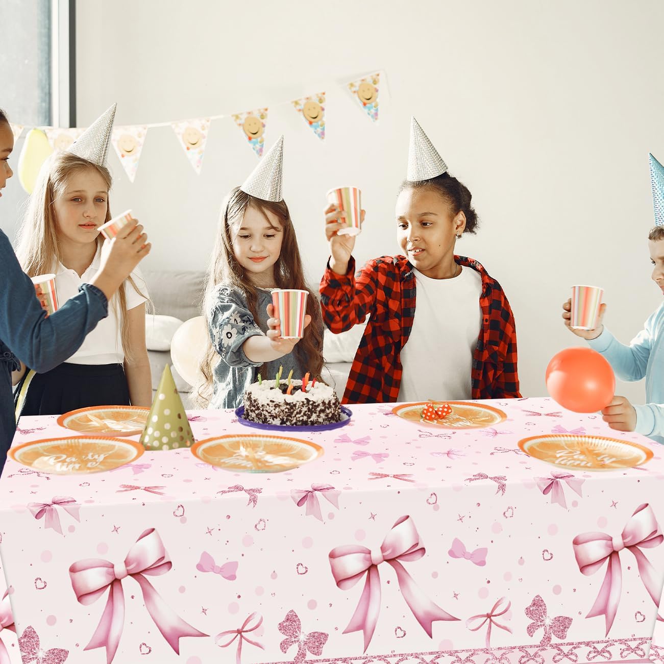 PATIAI Pink Bow Birthday Tablecloths 3Pcs Disposable Plastic Rectangular 54x108 Inches
